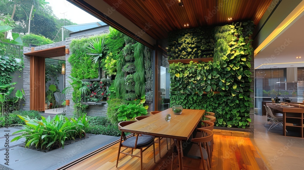Fototapeta premium A modern dining area with a lush vertical garden and wooden decor.