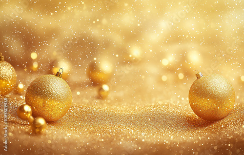 Golden Christmas background with golden glitter and shiny gold decorations., shiny yellow tinsel, golden beads, and garland on a sparkling background. photo