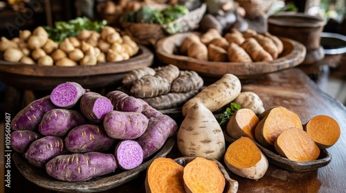 A table full of unusual tubers, including purple yams and Japanese sweet potatoes, showcasing their vibrant colors and earthy textures. photo