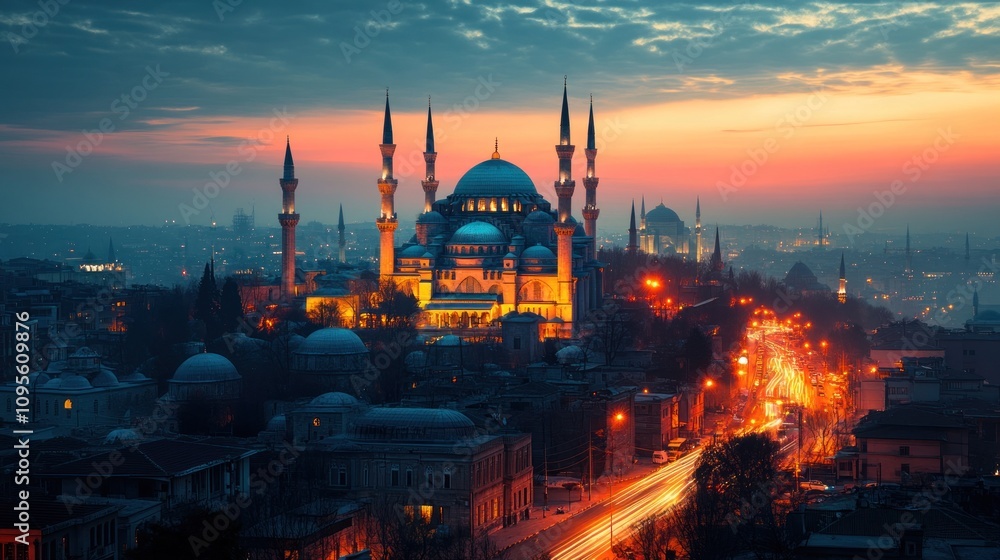 Obraz premium Mosque complex seen from above, beautifully lit, surrounded by city streets, twilight 