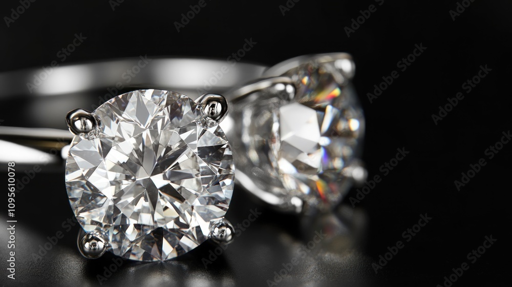 Close-up of sparkling diamond rings on black background Close-up of sparkling diamond rings on black background