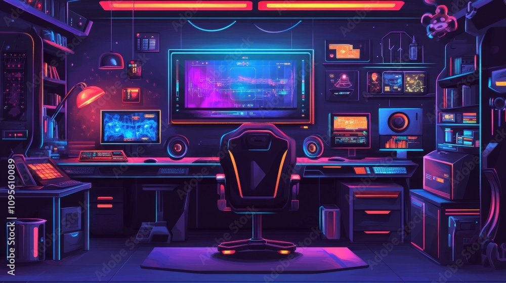 Futuristic Gaming Setup with Neon Lights and Tech Devices Futuristic Gaming Setup with Neon Lights and Tech Devices