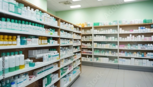 Wallpaper Mural A well-organized pharmacy aisle displaying various skincare and health products on shelves with a clean, green backdrop. Torontodigital.ca