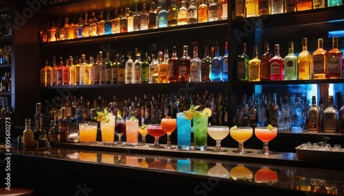 A vibrant bar scene featuring an array of colorful cocktails lined up on the counter, with a diverse selection of spirits displayed on illuminated shelves behind.