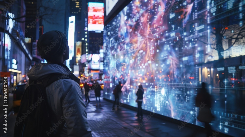 A person gazes at a vibrant digital display in an urban setting at night. A person gazes at a vibrant digital display in an urban setting at night.