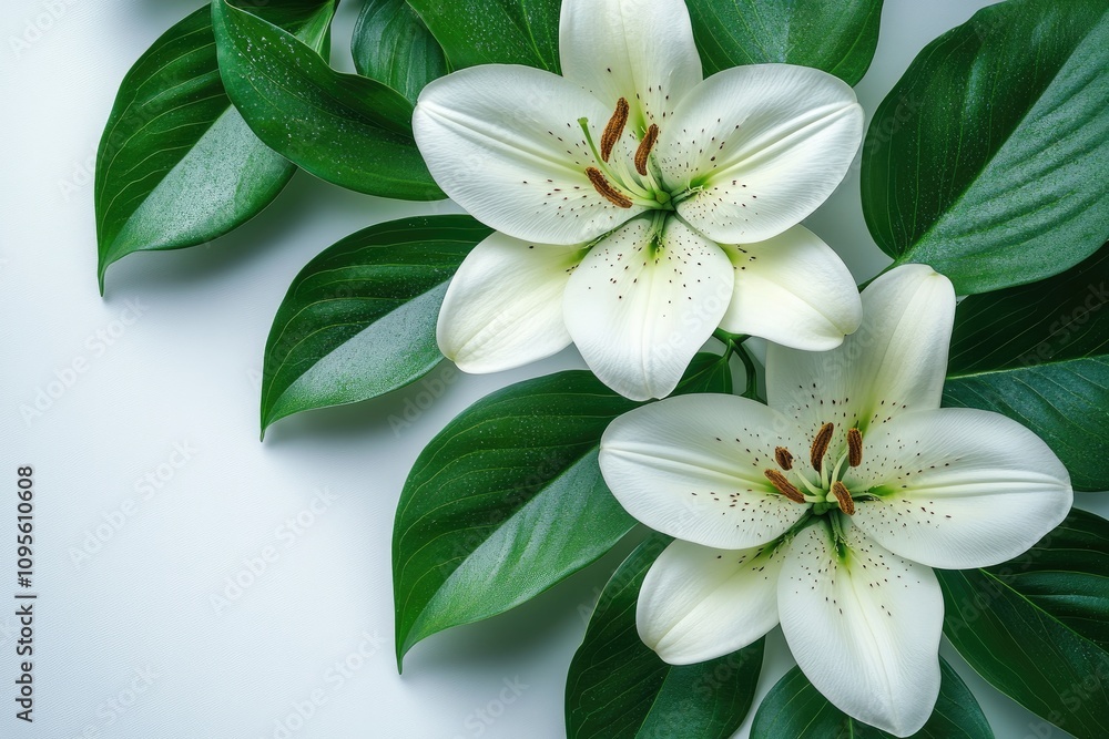 Fototapeta premium Two white lilies with green leaves. Perfect for representing purity, elegance, and nature.