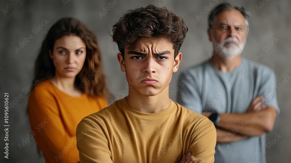 A teenager with an angry face, standing with their back to their parents, arms crossed and unwilling to speak. A teenager with an angry face, standing with their back to their parents, arms crossed and unwilling to speak.