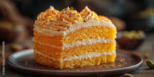 saffron cake slice with cream, saffron strands, and pistachios on amber background
