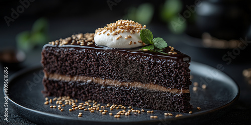 black sesame cake slice with cream and toasted sesame seeds on slate-grey background
 photo