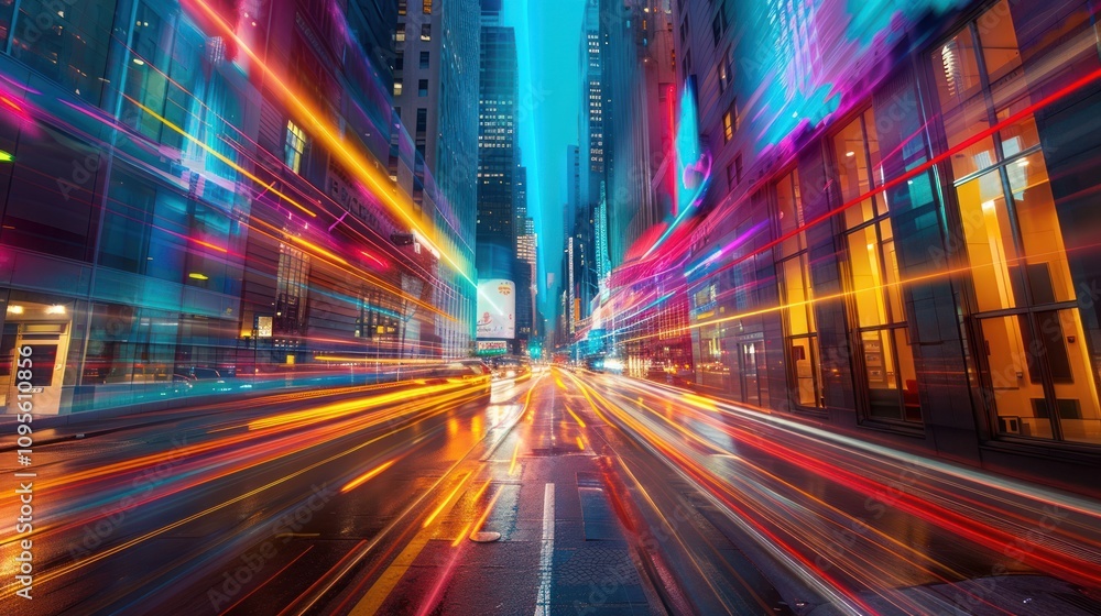A vibrant city street illuminated by colorful lights, showcasing motion and urban energy. A vibrant city street illuminated by colorful lights, showcasing motion and urban energy.