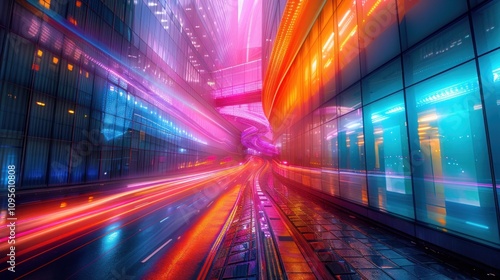 Wallpaper Mural A vibrant, futuristic cityscape with dynamic light trails and reflective surfaces. Torontodigital.ca