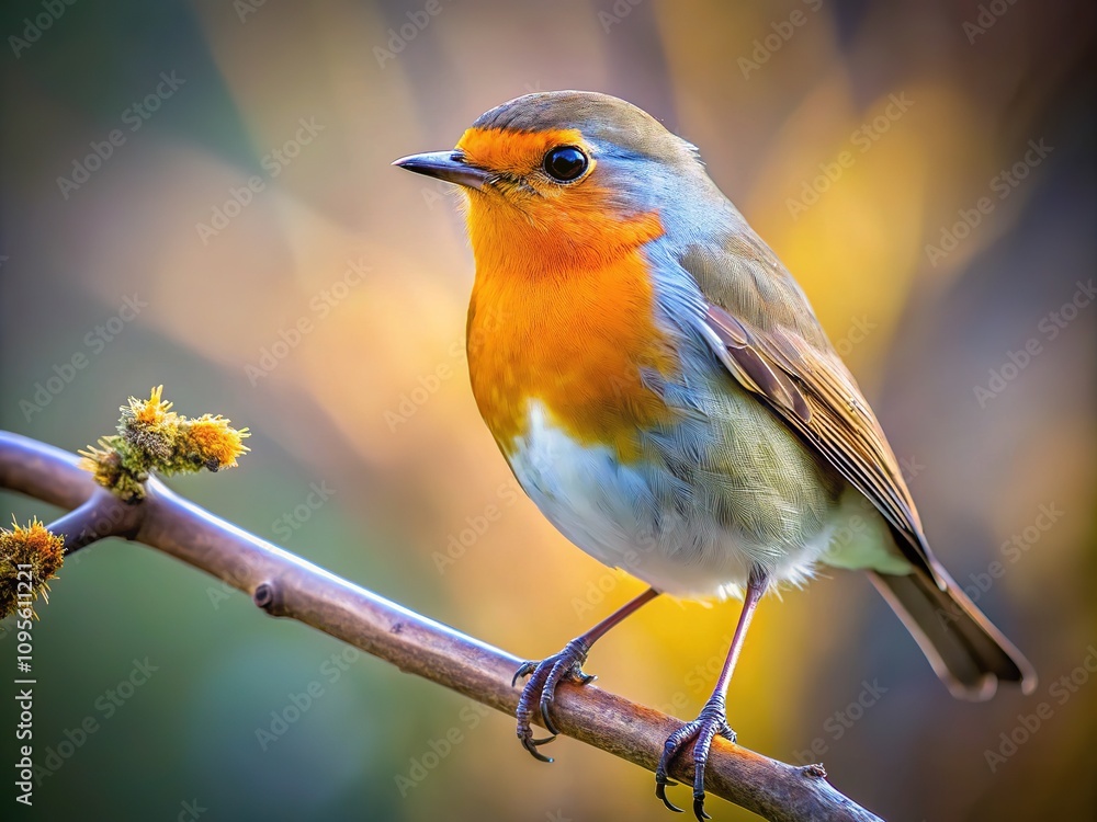 Obraz premium Minimalist robin, branch-bound, hunts unseen insects.