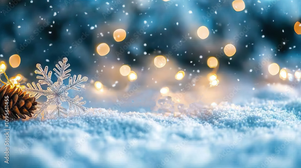 a cozy winter-themed New Year's banner with snowflakes, warm fairy lights, and dried pine tree flower and copy space over a snowy background. a cozy winter-themed New Year's banner with snowflakes, warm fairy lights, and dried pine tree flower and copy space over a snowy background.