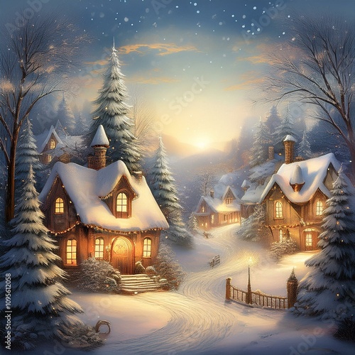 A nostalgic Christmas card featuring a warm, magical winter village scene with cozy cottages, twinkling lights, and snowy streets, capturing the charm and joy of the most beautiful time of the year.