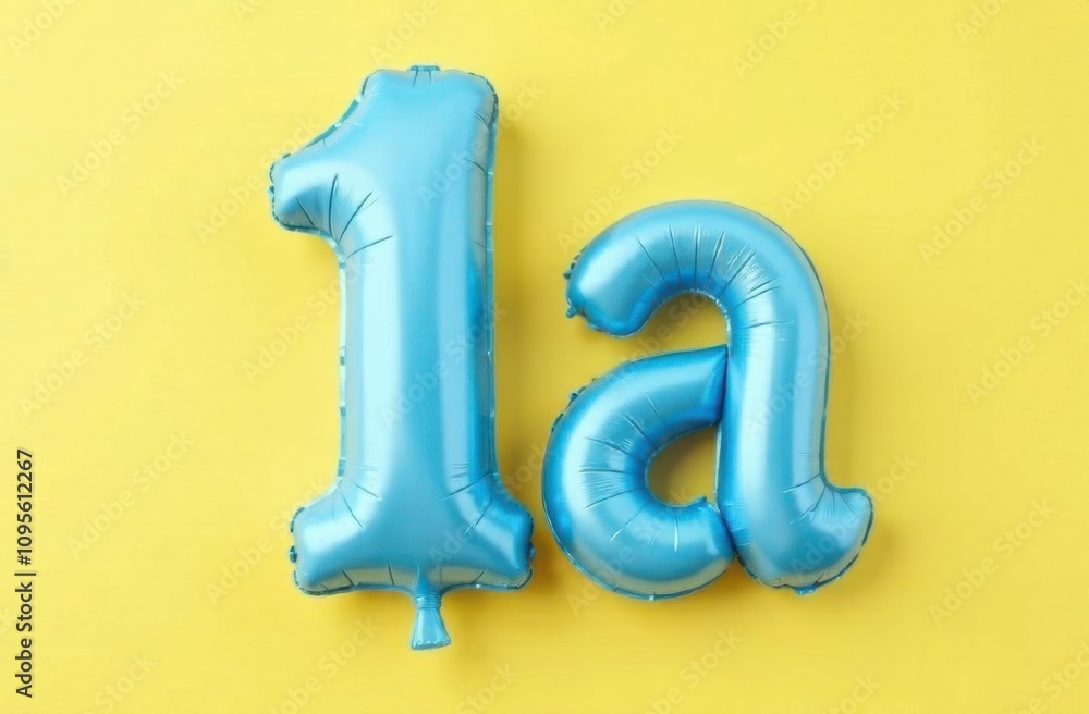 Pastel colors, letter “1” and letter “A”, made from blue foil balloons, over pastel yellow background Pastel colors, letter “1” and letter “A”, made from blue foil balloons, over pastel yellow background