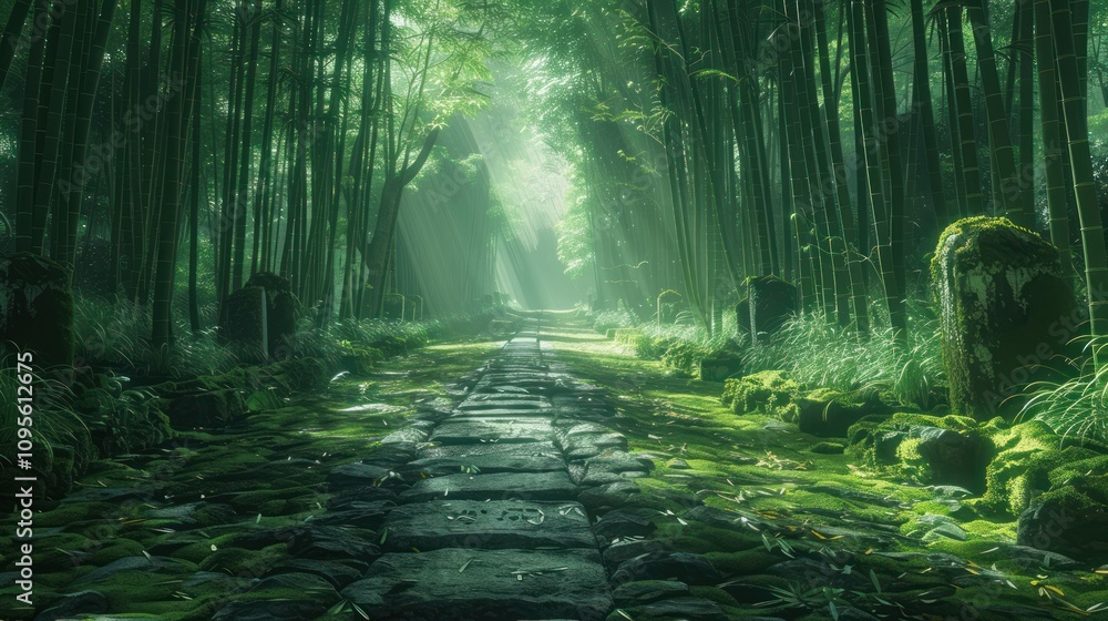 Fototapeta premium A serene bamboo forest path illuminated by soft sunlight, inviting tranquility and reflection.