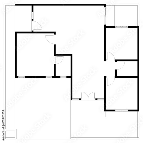 Black and White floor plan of a modern unfurnished house for your design. Suburban house vector blueprint. Architectural background.