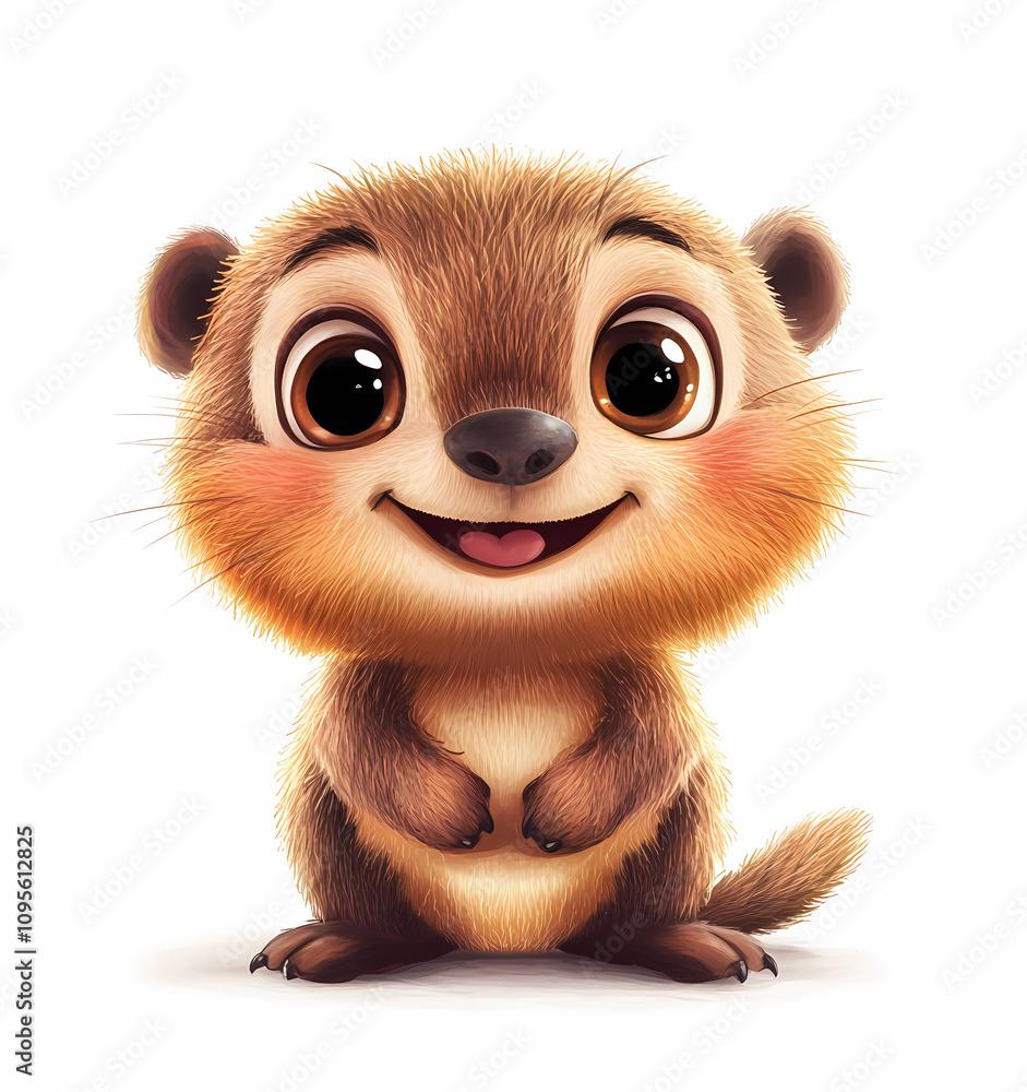Obraz premium Cute cartoon animal, full-body portrait, a cute meerkat baby with big eyes and a happy smile, white background