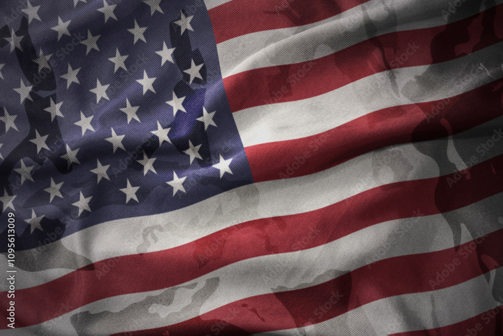Obraz premium colourful waving flag of united states of america on the old army khaki texture background. military concept.