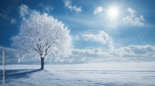 A winter landscape featuring a lone tree covered in frost, standing in an open snowfield under a bright sun.