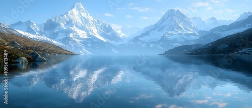 Wallpaper Mural A breathtaking view of majestic snow-capped mountains reflecting on a tranquil lake, surrounded by lush greenery under a clear blue sky. Torontodigital.ca