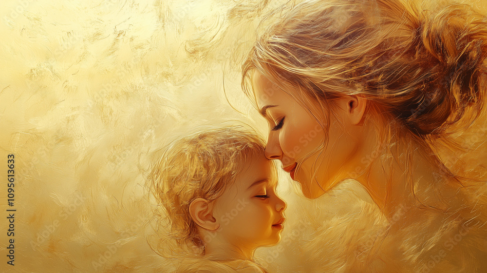 Tender portrait of a mother and child sharing a loving moment against a warm golden background Tender portrait of a mother and child sharing a loving moment against a warm golden background