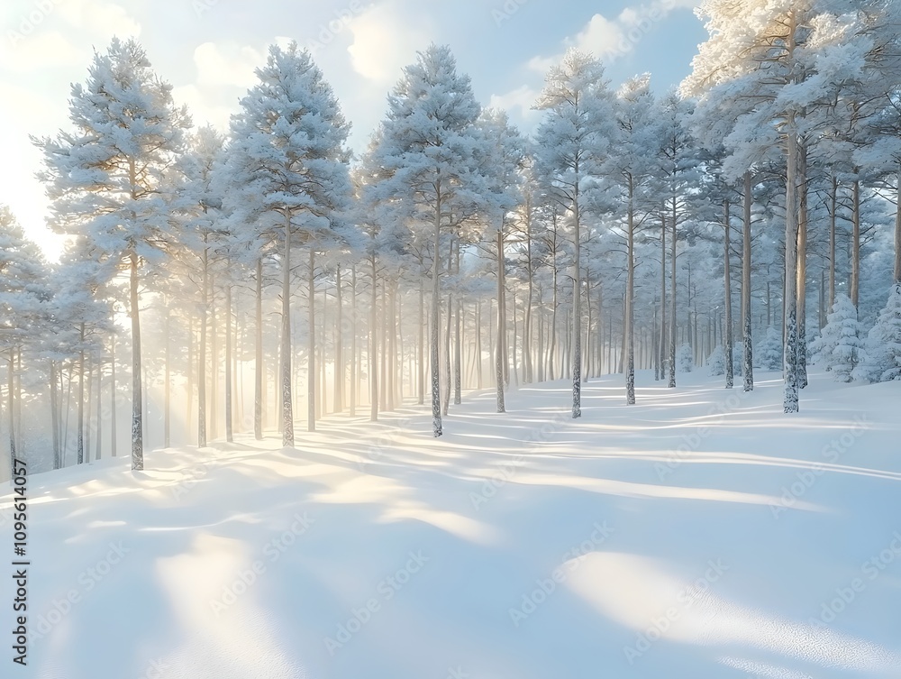 A serene winter landscape featuring tall pine trees blanketed in fresh snow, bathed in soft sunlight creating a dreamy, tranquil atmosphere. A serene winter landscape featuring tall pine trees blanketed in fresh snow, bathed in soft sunlight creating a dreamy, tranquil atmosphere.