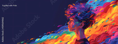 A young Black male artist with curly hair standing in profile, surrounded by vibrant, colorful swirls symbolizing pride and diversity.