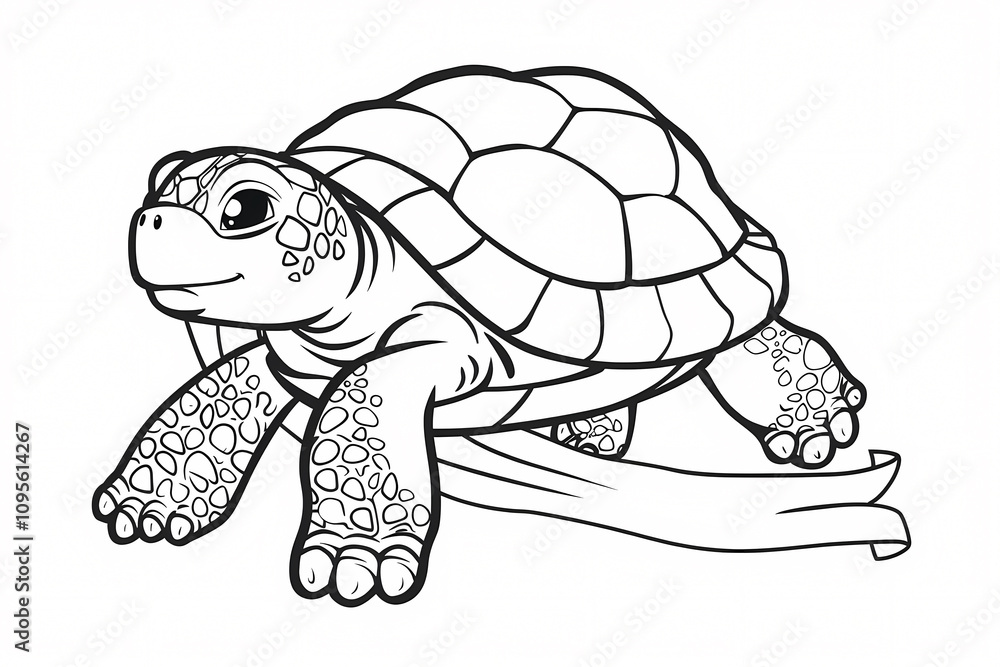 Fototapeta premium A friendly cartoon turtle with a cheerful expression, featuring a patterned shell, ideal for coloring activity.