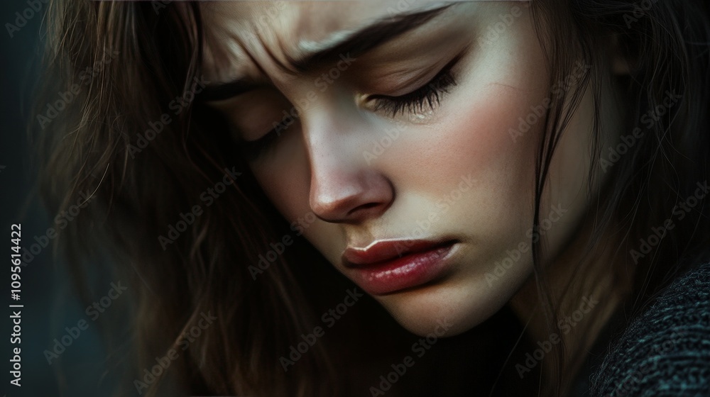 Fototapeta premium A woman with a sad expression, looking down, her lips turned downwards, tears forming in her eyes.