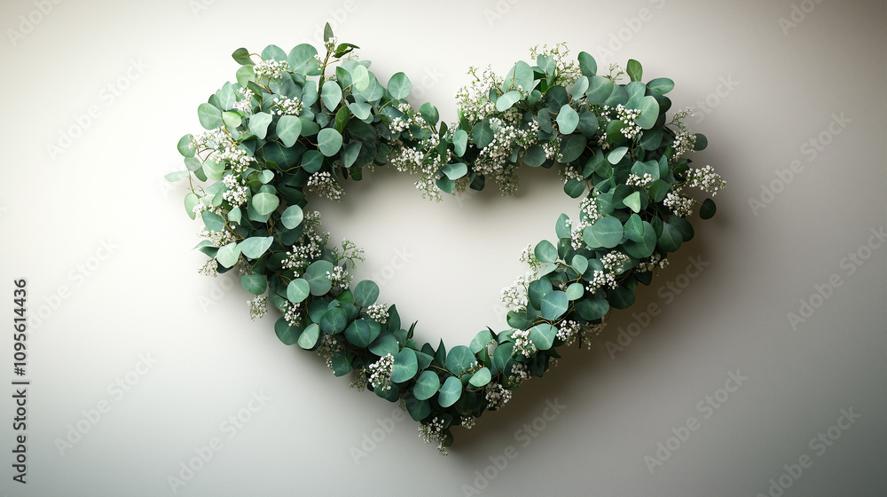 Heart-shaped wreath made of eucalyptus and baby breath flowers on a soft background Heart-shaped wreath made of eucalyptus and baby breath flowers on a soft background