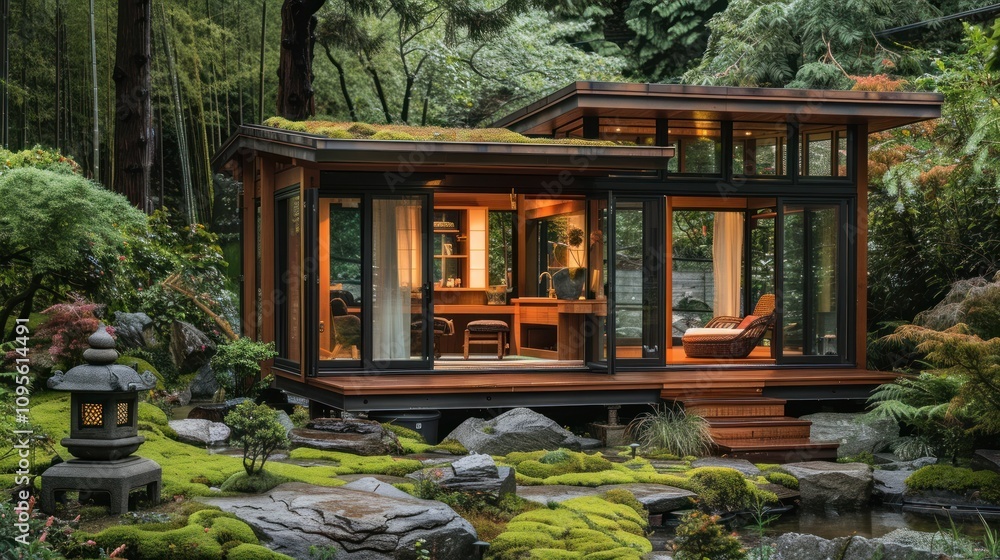 A serene modern cabin surrounded by lush greenery and a tranquil garden. A serene modern cabin surrounded by lush greenery and a tranquil garden.