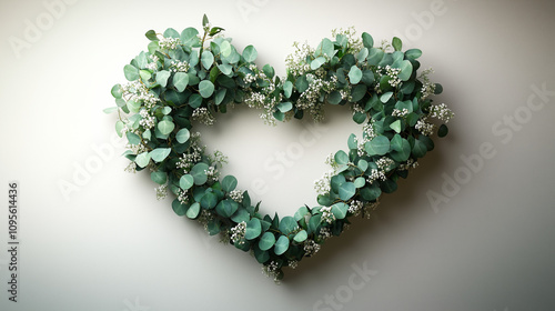 Heart-shaped wreath made of eucalyptus and baby breath flowers on a soft background photo