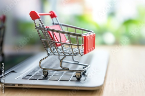 Mini shopping cart placed on a laptop keyboard for online shopping concept photo