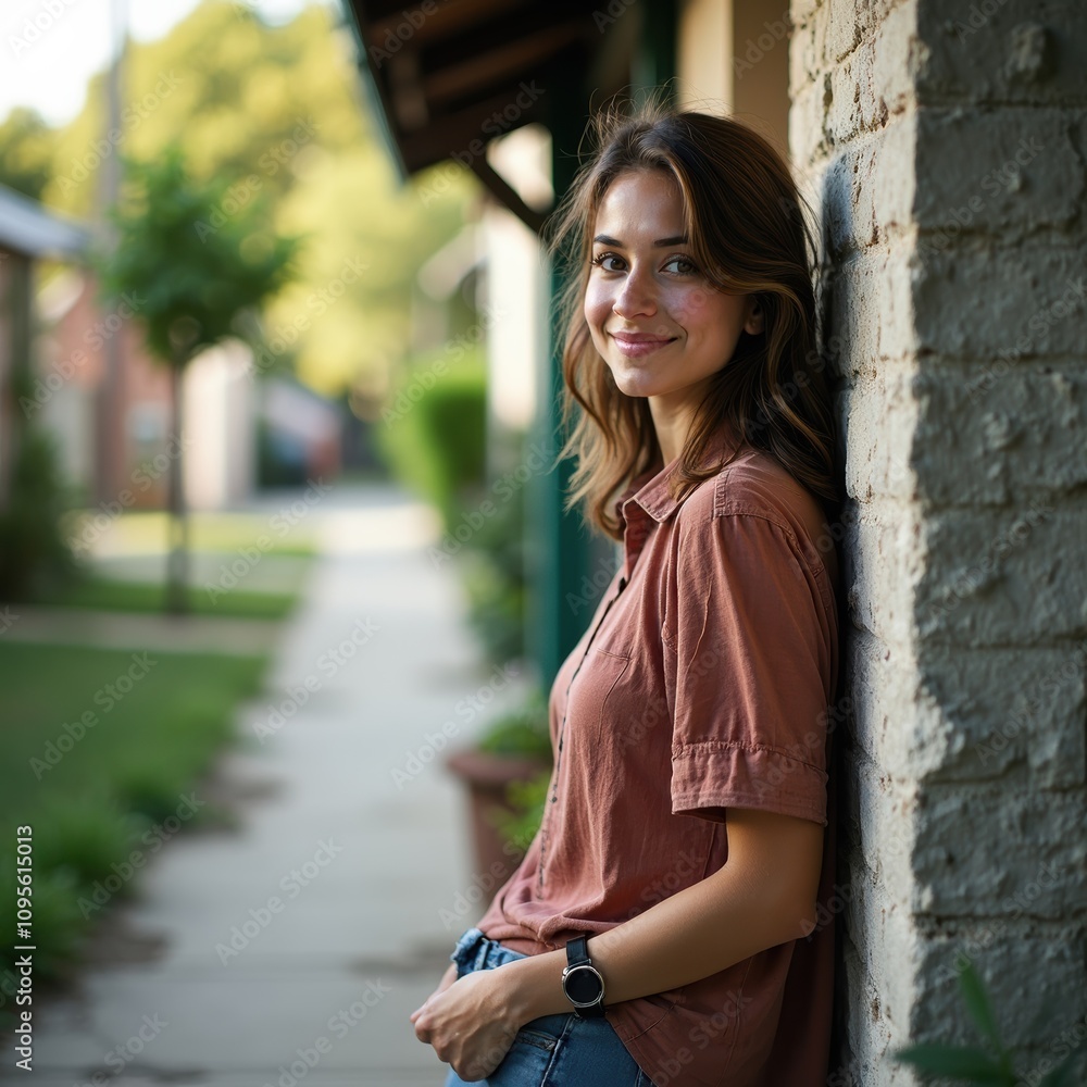 Obraz premium Smiling Young Woman Leaning Against Stone Wall Outdoors