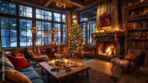 A cozy, festive living room decorated for Christmas with a tree, fireplace, and treats.