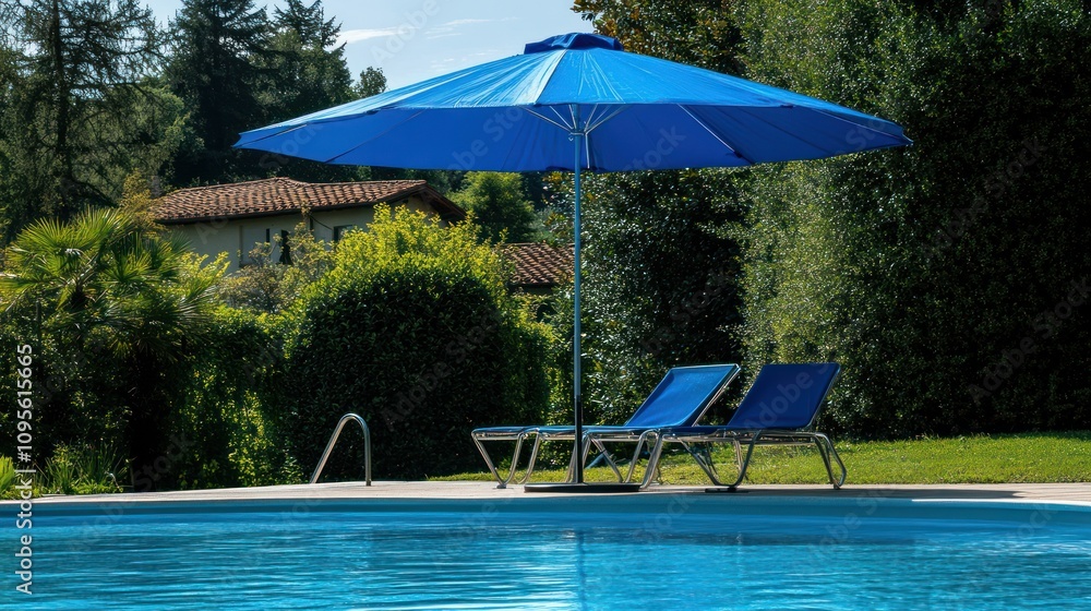 Obraz premium A blue umbrella shades two lounge chairs by a sparkling pool, with a villa in the background.