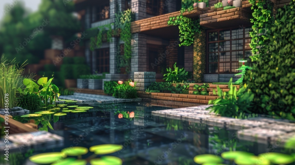 A serene water scene featuring a beautifully designed house surrounded by lush greenery. A serene water scene featuring a beautifully designed house surrounded by lush greenery.