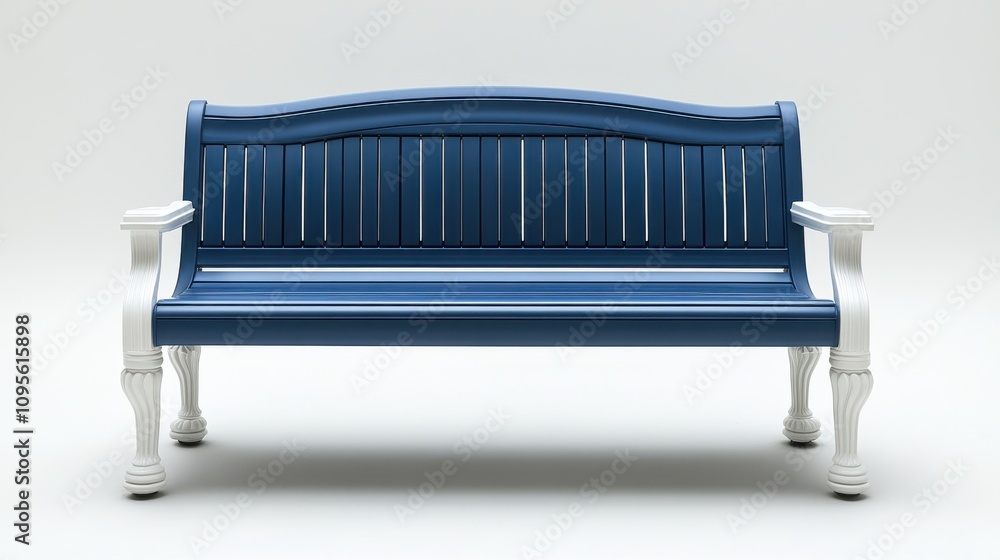 a blue bench with white legs a blue bench with white legs