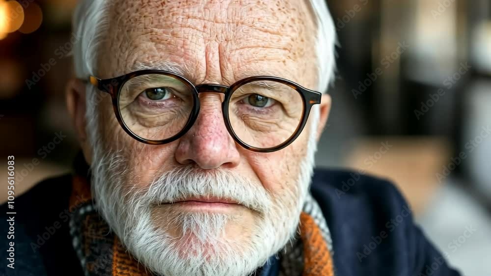 Elderly man with glasses and white beard gazes thoughtfully at the camera indoors during a warm gathering Elderly man with glasses and white beard gazes thoughtfully at the camera indoors during a warm gathering