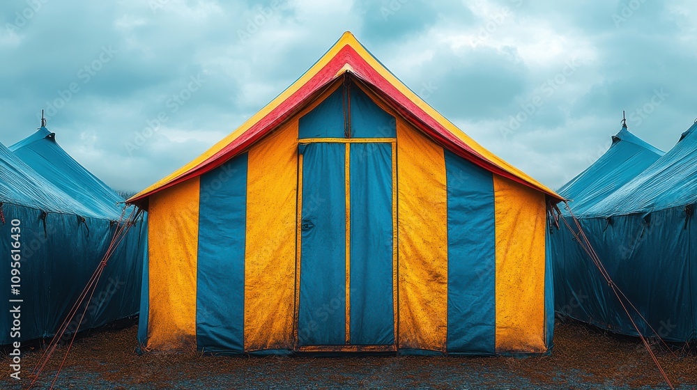 a blue yellow and red striped tent a blue yellow and red striped tent