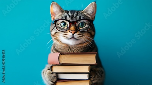 Wallpaper Mural Cat in glasses reading books cozy home fun pet portrait indoor whimsical Torontodigital.ca
