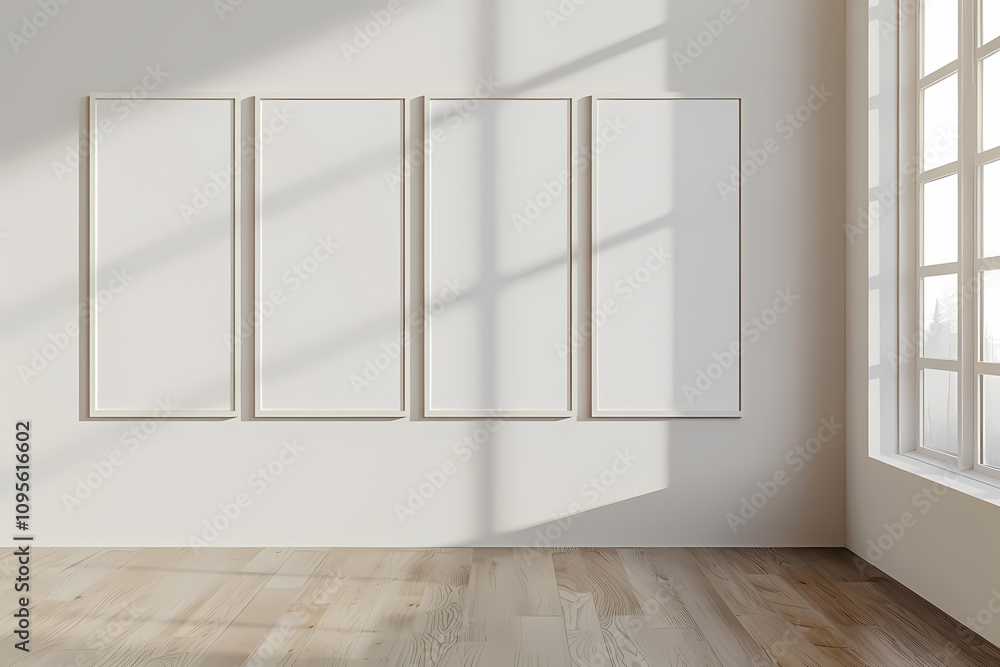 Minimalistic interior showcasing four empty frames against a light wall, creating a calm and inviting atmosphere. Minimalistic interior showcasing four empty frames against a light wall, creating a calm and inviting atmosphere.