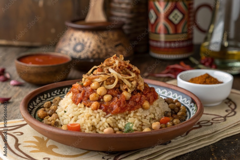 Delicious plate of spiced rice topped with chickpeas and crispy onions served in an artisanal bowl Delicious plate of spiced rice topped with chickpeas and crispy onions served in an artisanal bowl