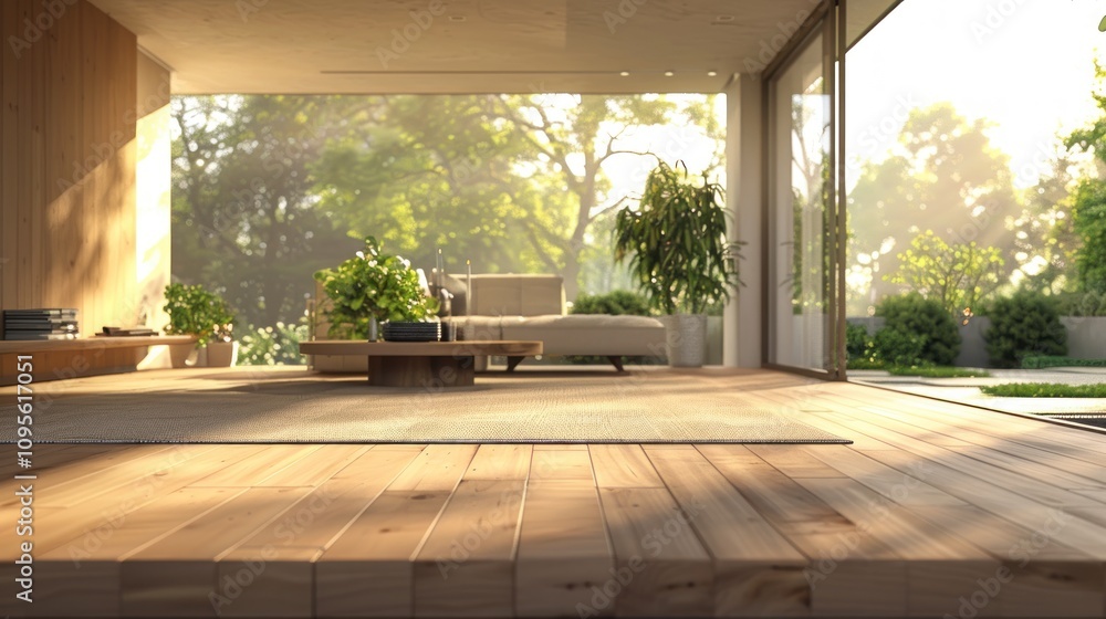 Fototapeta premium A serene interior space with wooden flooring, plants, and large windows inviting natural light.
