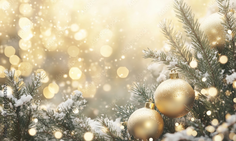 Christmas decorations with golden ornaments, snow-covered pine branches, and sparkling bokeh background Christmas decorations with golden ornaments, snow-covered pine branches, and sparkling bokeh background