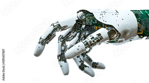 A robotic arm with a microchip design in the background