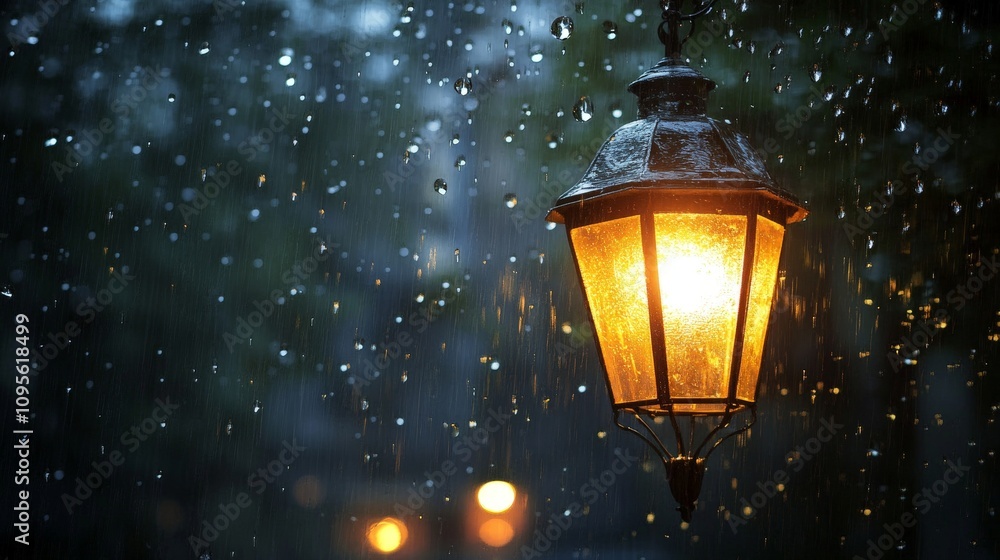 An old-fashioned streetlamp glowing through the rain, with droplets shining in the lamplight. An old-fashioned streetlamp glowing through the rain, with droplets shining in the lamplight.