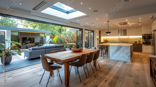 Modern kitchen and dining area with open layout and natural light.