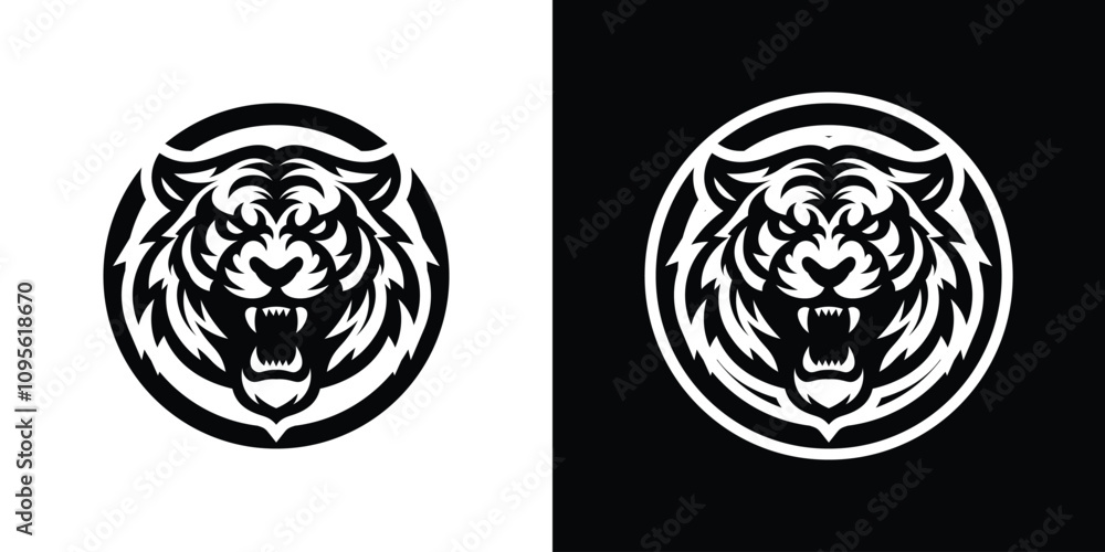 Monochrome angry tiger in circle head logo in black and white, ideal for gaming, sports team mascots, and branding. Available with both white and black background Monochrome angry tiger in circle head logo in black and white, ideal for gaming, sports team mascots, and branding. Available with both white and black background